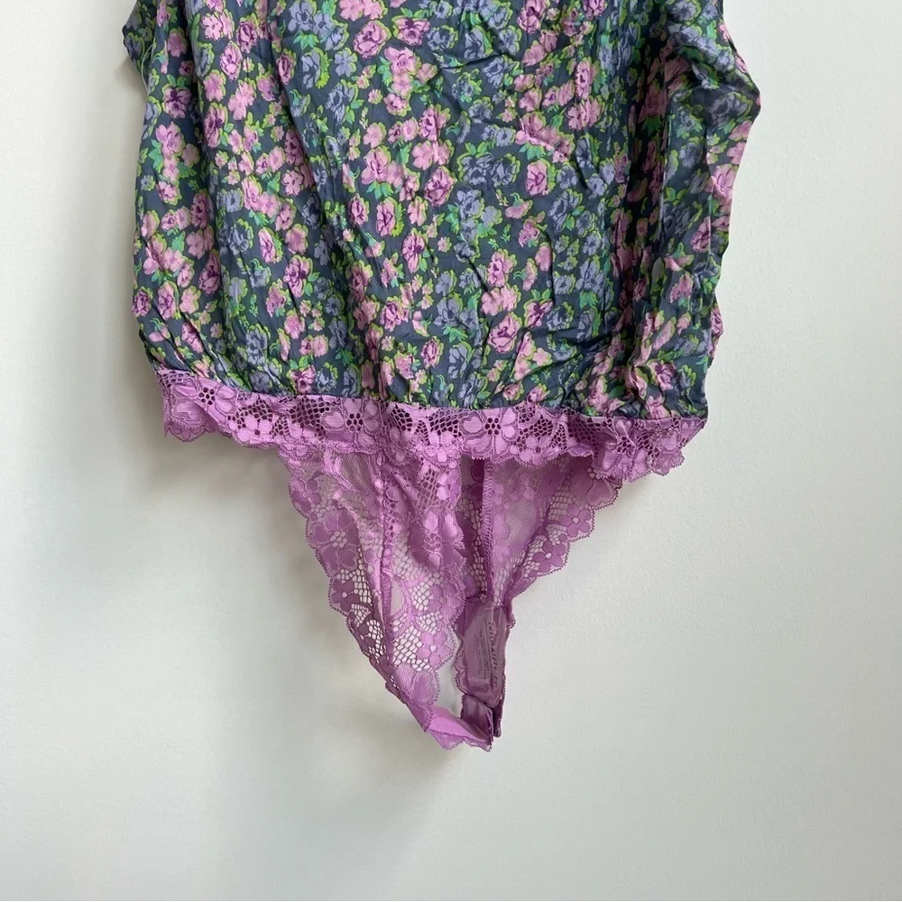 NWT Free People Bare It All Bodysuit Chambray Combo Floral Draped Boho top